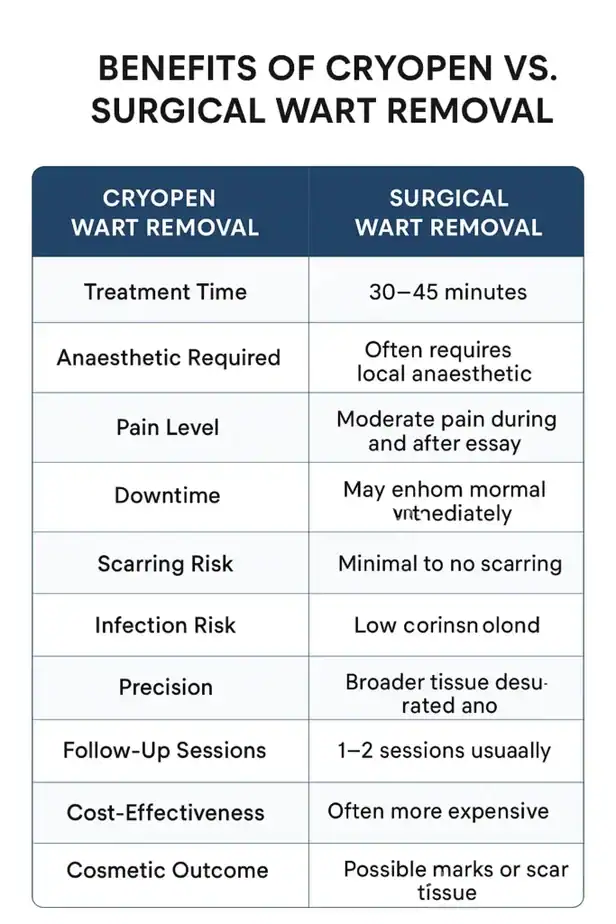 Table showing the benefits of cryopen to remove warts Altrincham compared to surgical treatment